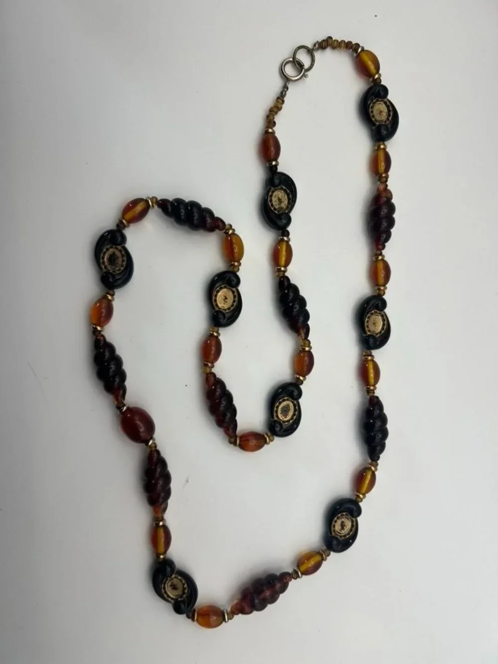 Vintage Art Glass Bead Necklace Amber Black Gold Medallion Lampwork Style